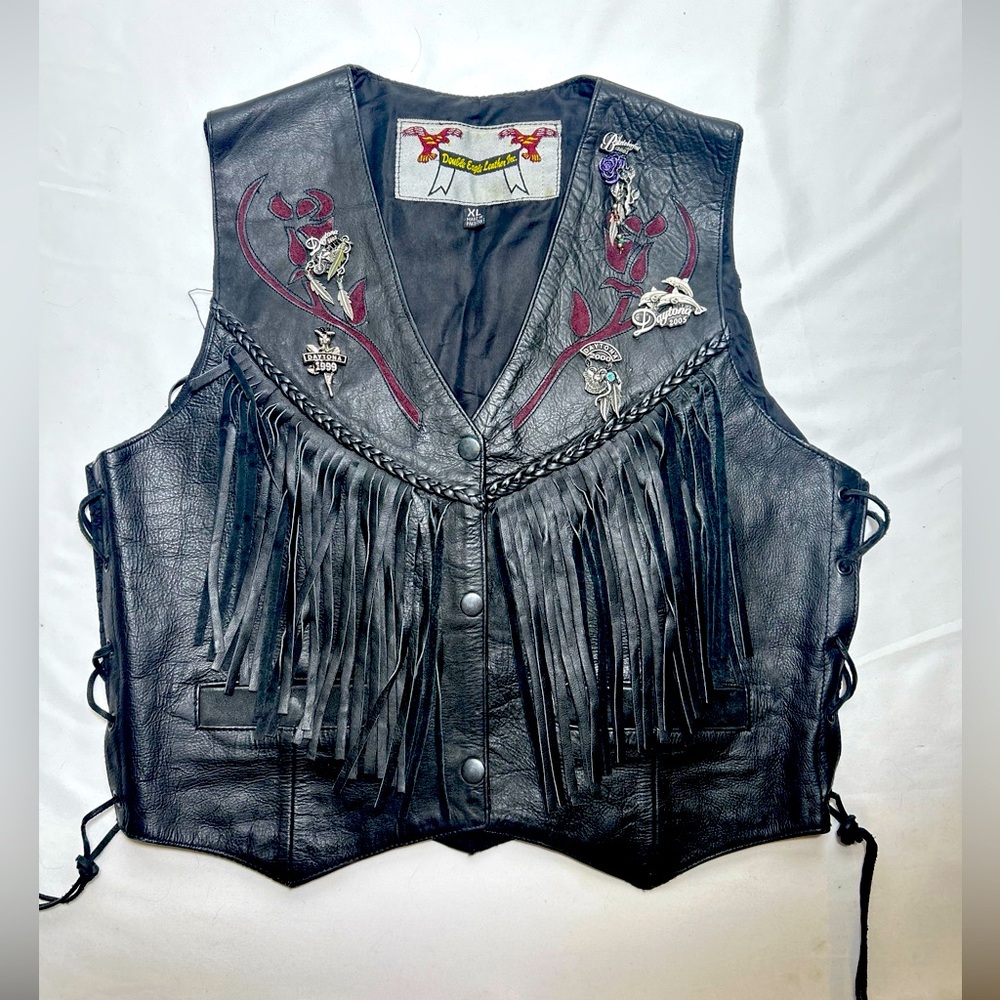 Ladies XL motorcycle fringe vest with biker pins and lace up sides